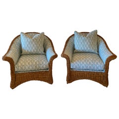 Vintage Pair of Wicker Rattan Club Lounge Arm Chairs Newly Upholstered