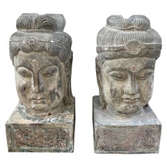 Vintage Pair of Carved Wood Buddha Head Sculptures