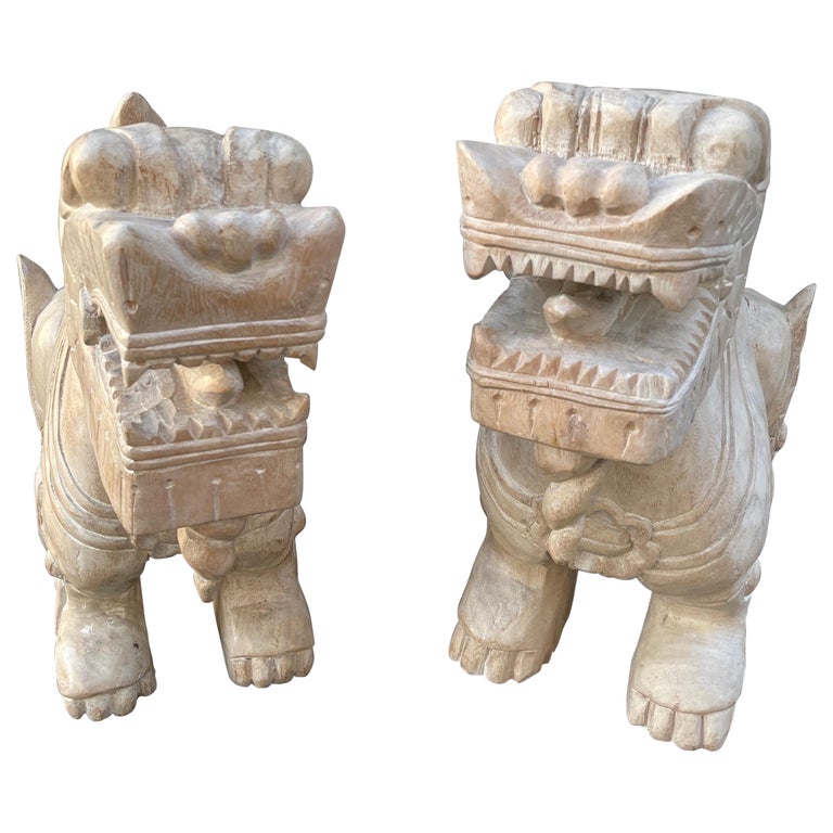 Pair of Large Carved Wood Foo Dogs For Sale at 1stDibs