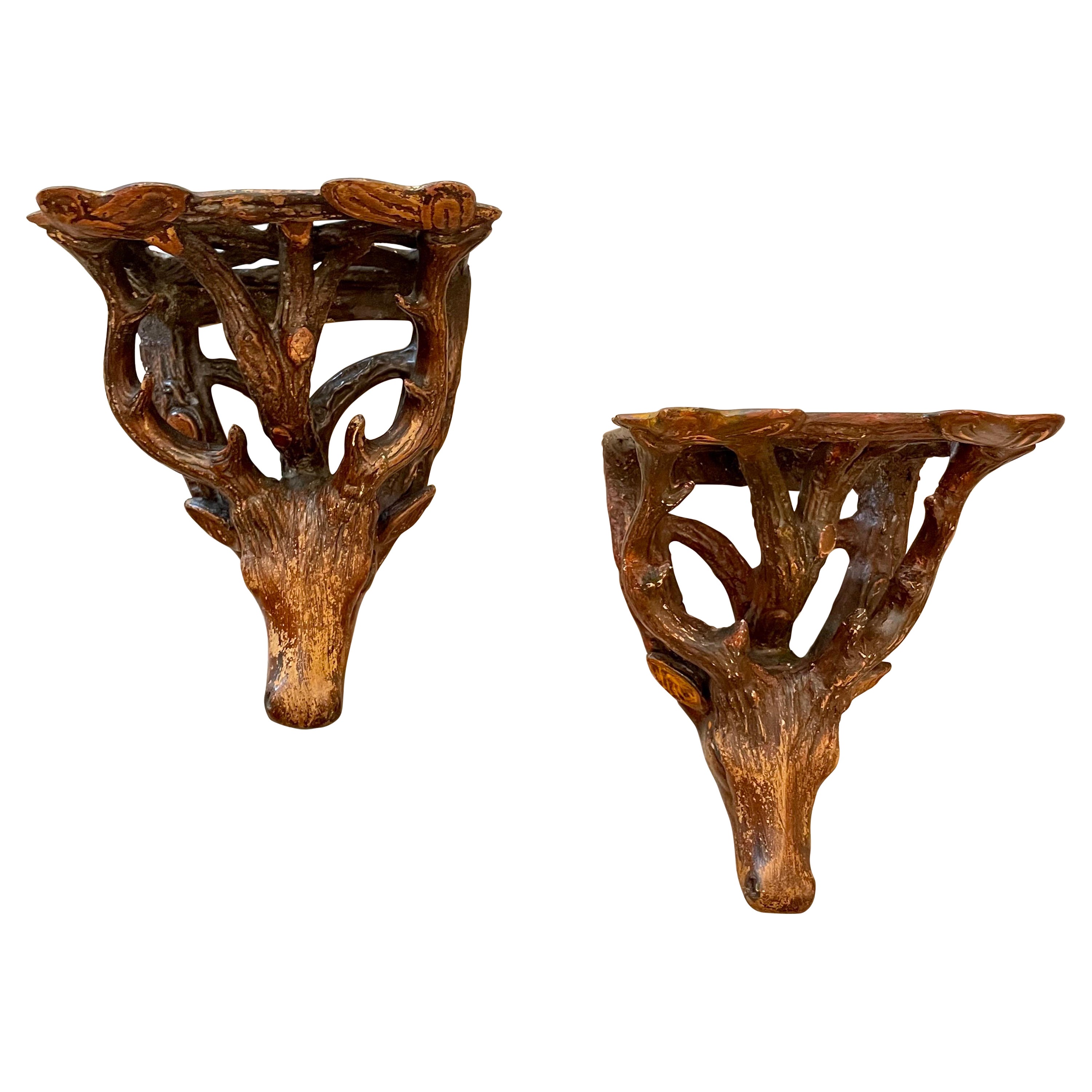 Pair of Black Forest Type Deer Head Wall Brackets For Sale