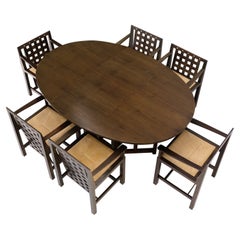 Vintage Brown Oak Cassina Macintosh Drop Leaf Dining Table 6 Rush Seat Chairs Set Mint