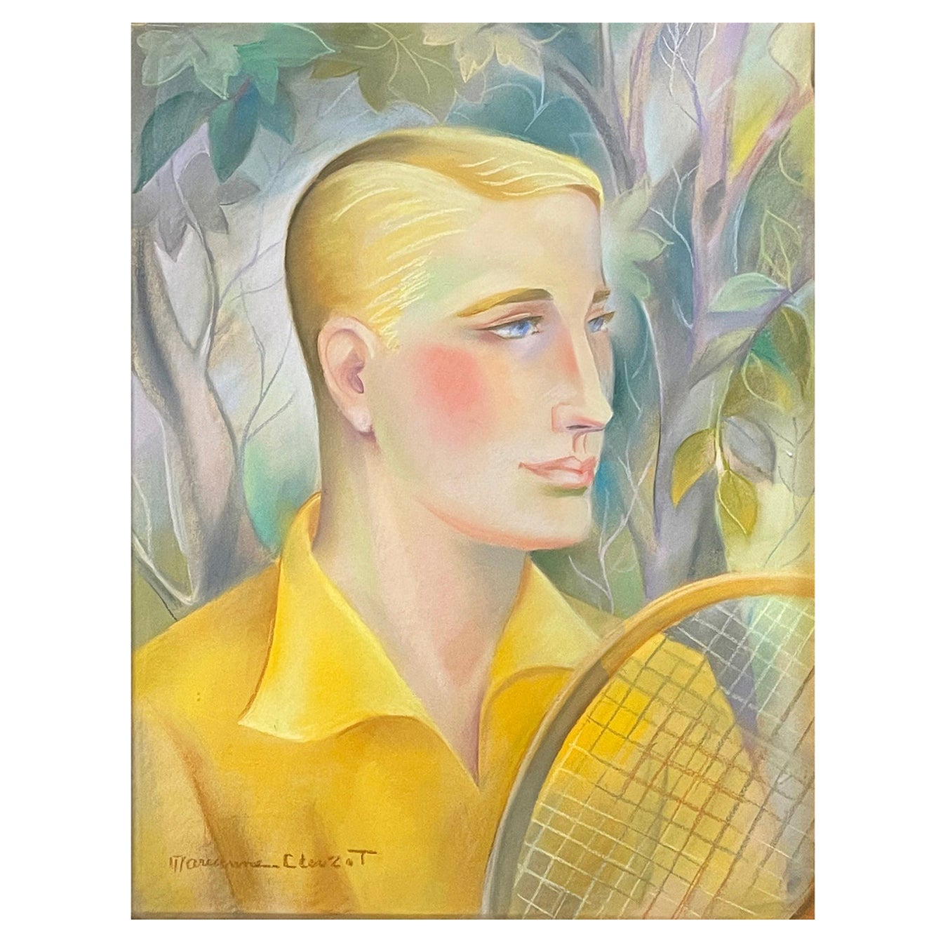 "Tennis Player in Canary Yellow, " Striking Art Deco Portrait of Blond Athlete For Sale