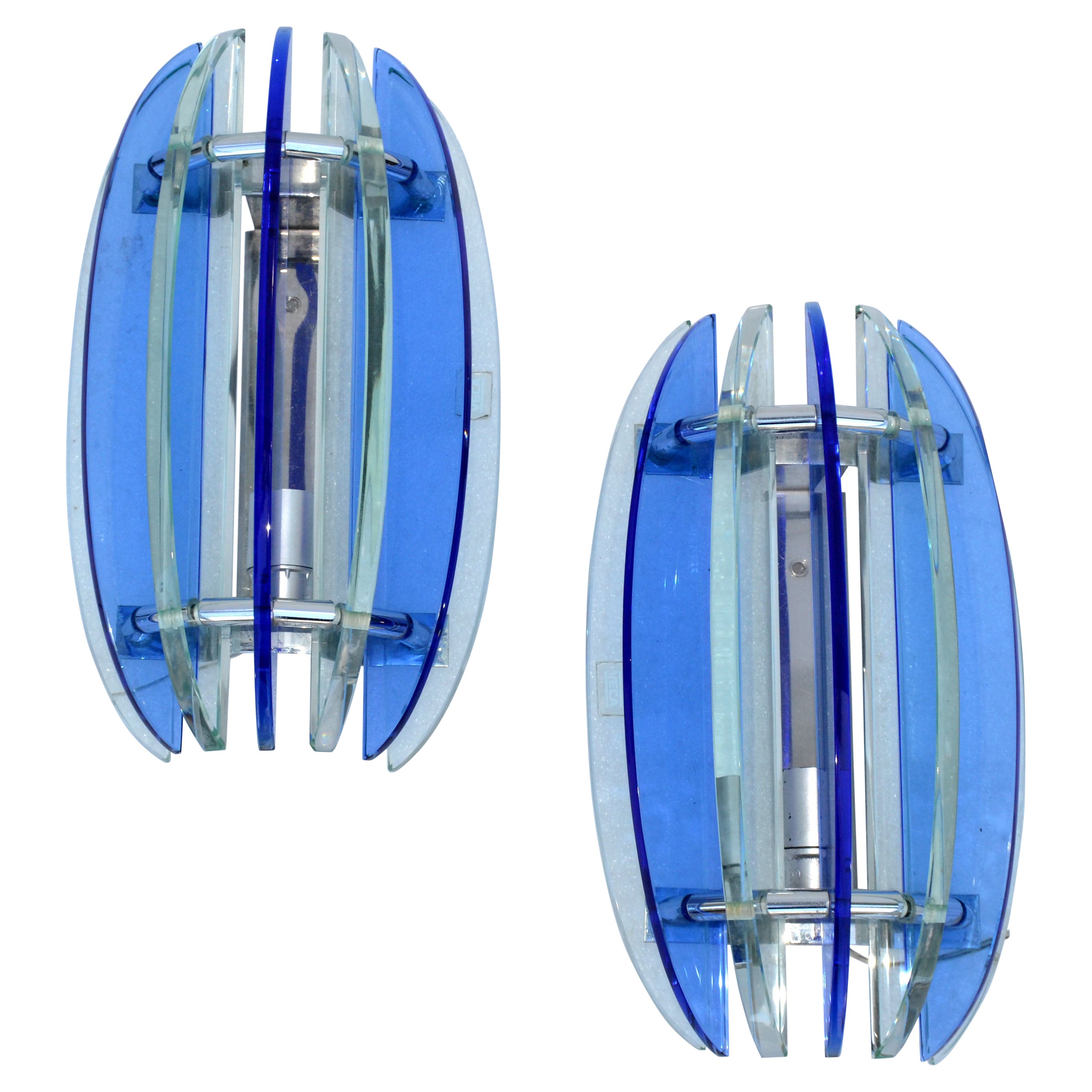 Italian Glass & Chrome Sconces by Veca Blue & Clear Mid-Century Modern, Pair For Sale
