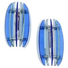 Retro Italian Glass & Chrome Sconces by Veca Blue & Clear Mid-Century Modern, Pair