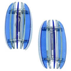 Italian Glass & Chrome Sconces by Veca Blue & Clear Mid-Century Modern, Pair