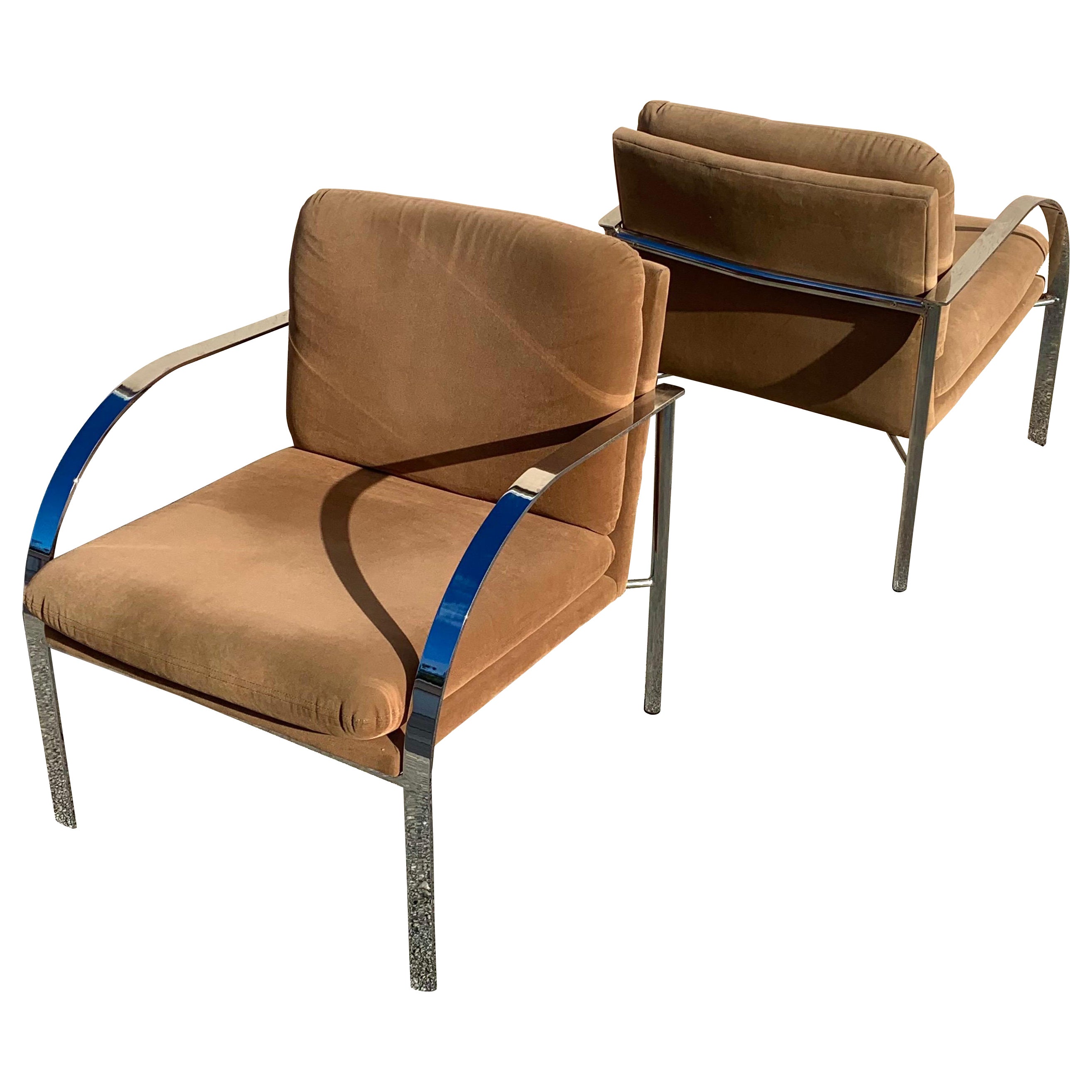 1980s Milo Baughman Style Mid-Century Modern Flat Bar Chrome Lounge Chairs For Sale