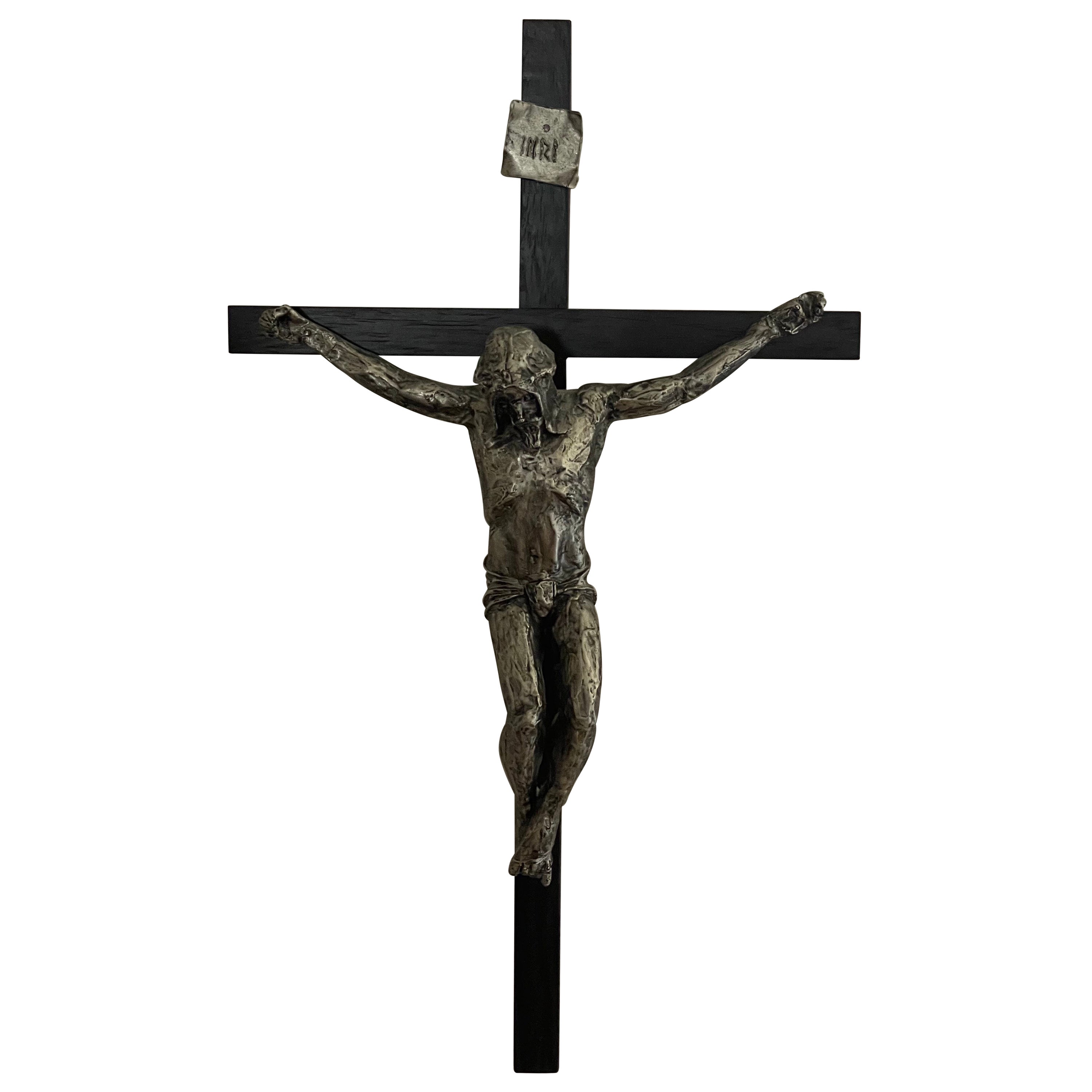Large Brutalist Cast Iron & Wood Crucifix / Cross