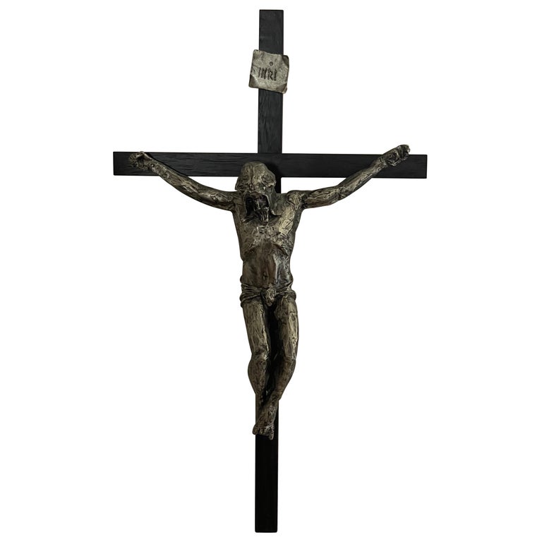 Large Brutalist Cast Iron & Wood Crucifix / Cross For Sale