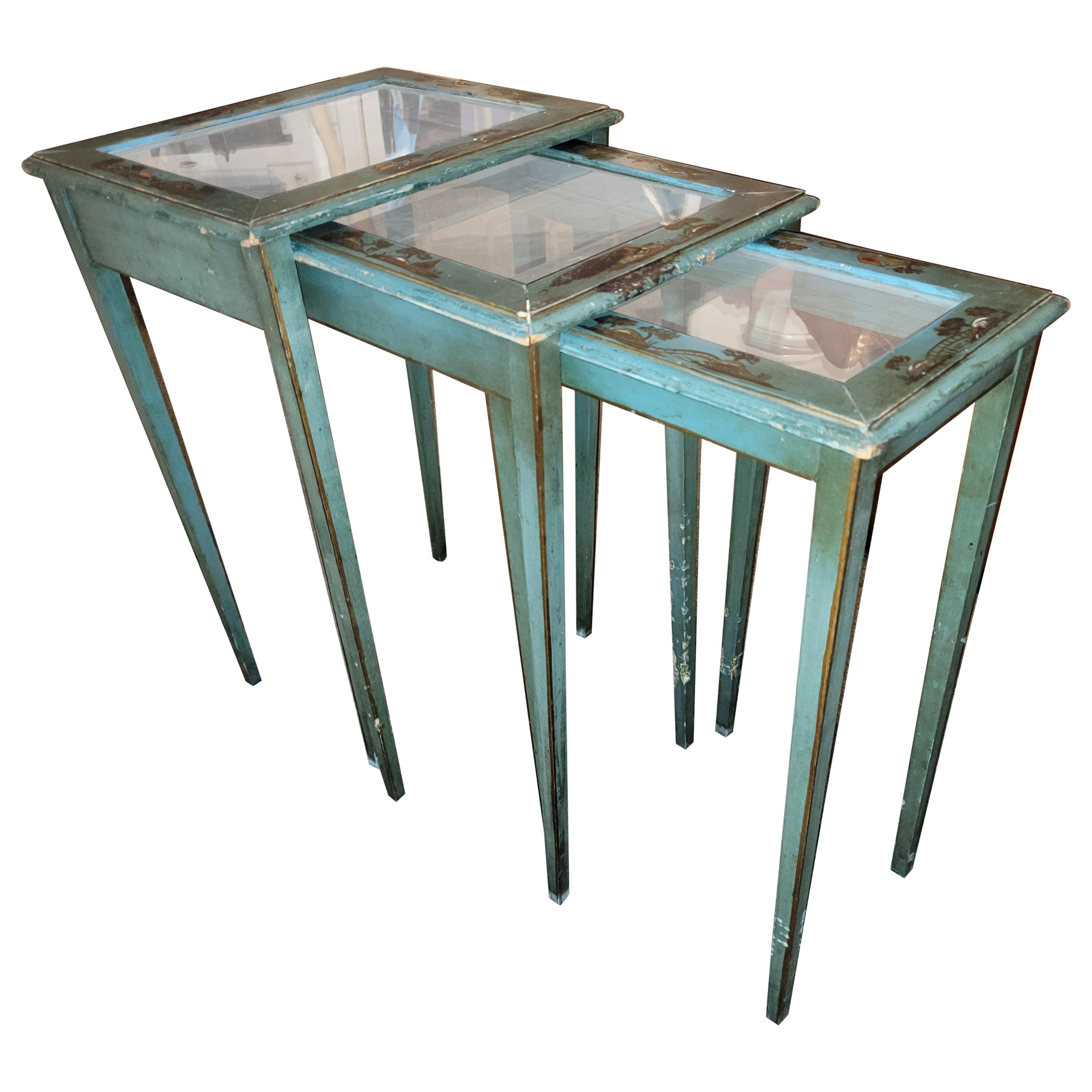 Set of Three Original Blue Painted Nesting/Side Tables For Sale