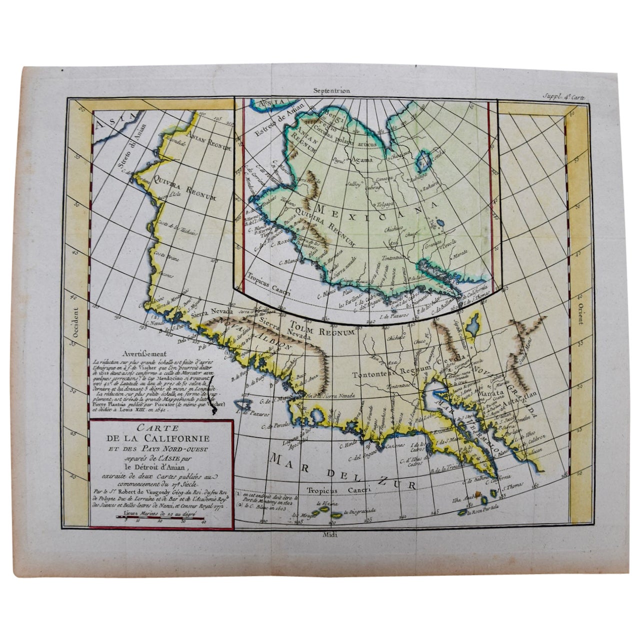 California, Alaska and Mexico: 18th Century Hand-Colored Map by de Vaugondy For Sale