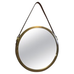 Brass and Leather Strap Mirror Style of Jacques Adnet
