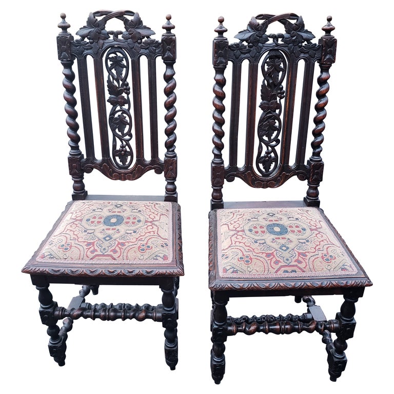 Jacobean Hand Carved Barley Twist Oak Upholstered Chairs, circa 1920s