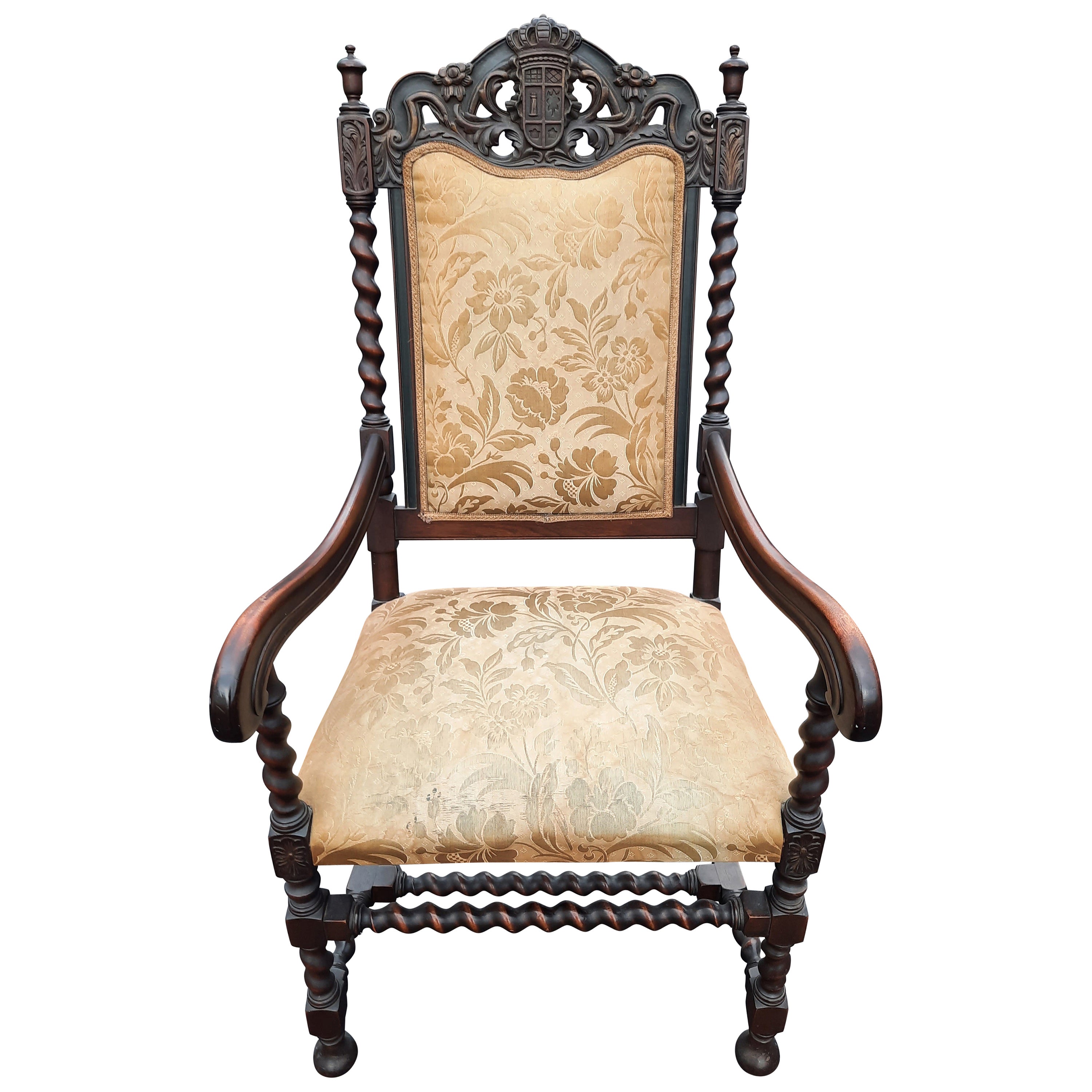 English Jacobean Hand Carved Barley Twist Upholstered Chair, Circa 1800s For Sale