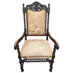 Antique English Jacobean Hand Carved Barley Twist Upholstered Chair, Circa 1800s