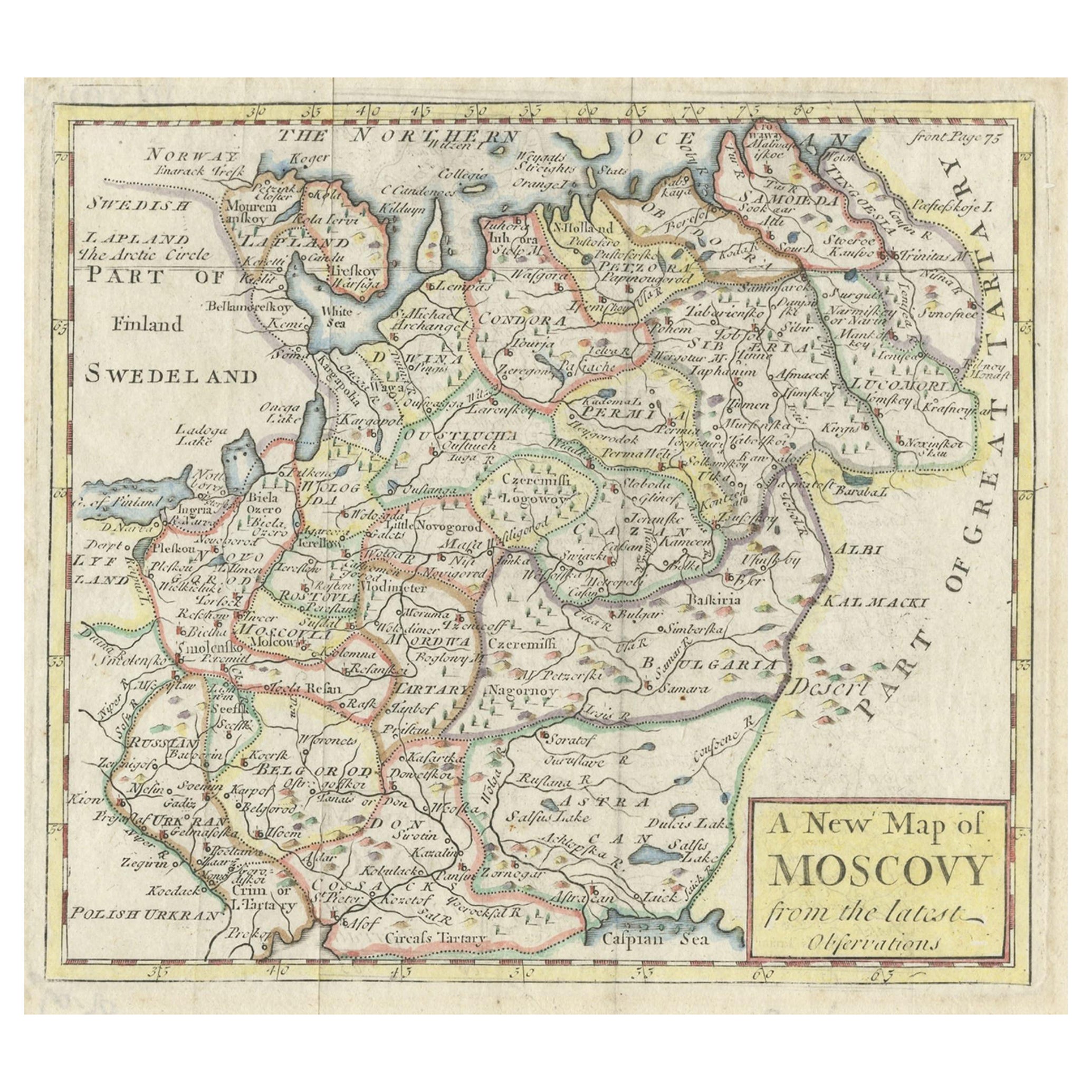 Antique Map of West Russia, with Title a New Map of Moskovy, 1741 For Sale