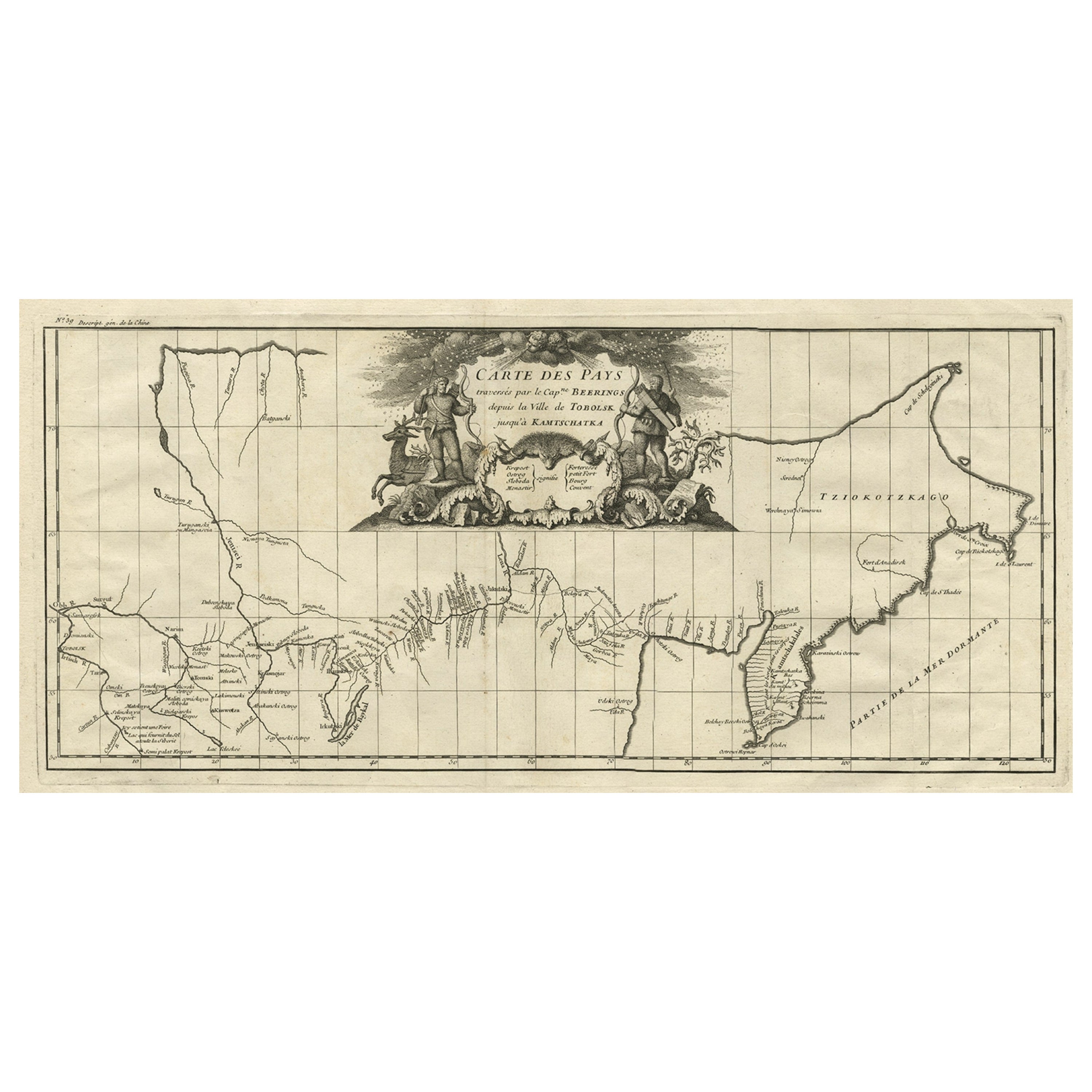 Antique Map with Details of Berings' Expedition into Russians' Far East, 1737 For Sale