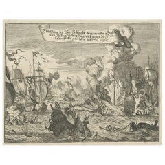 Antique Sea Battle with the English Destroying French Ships in the Nine Year War, c.1700