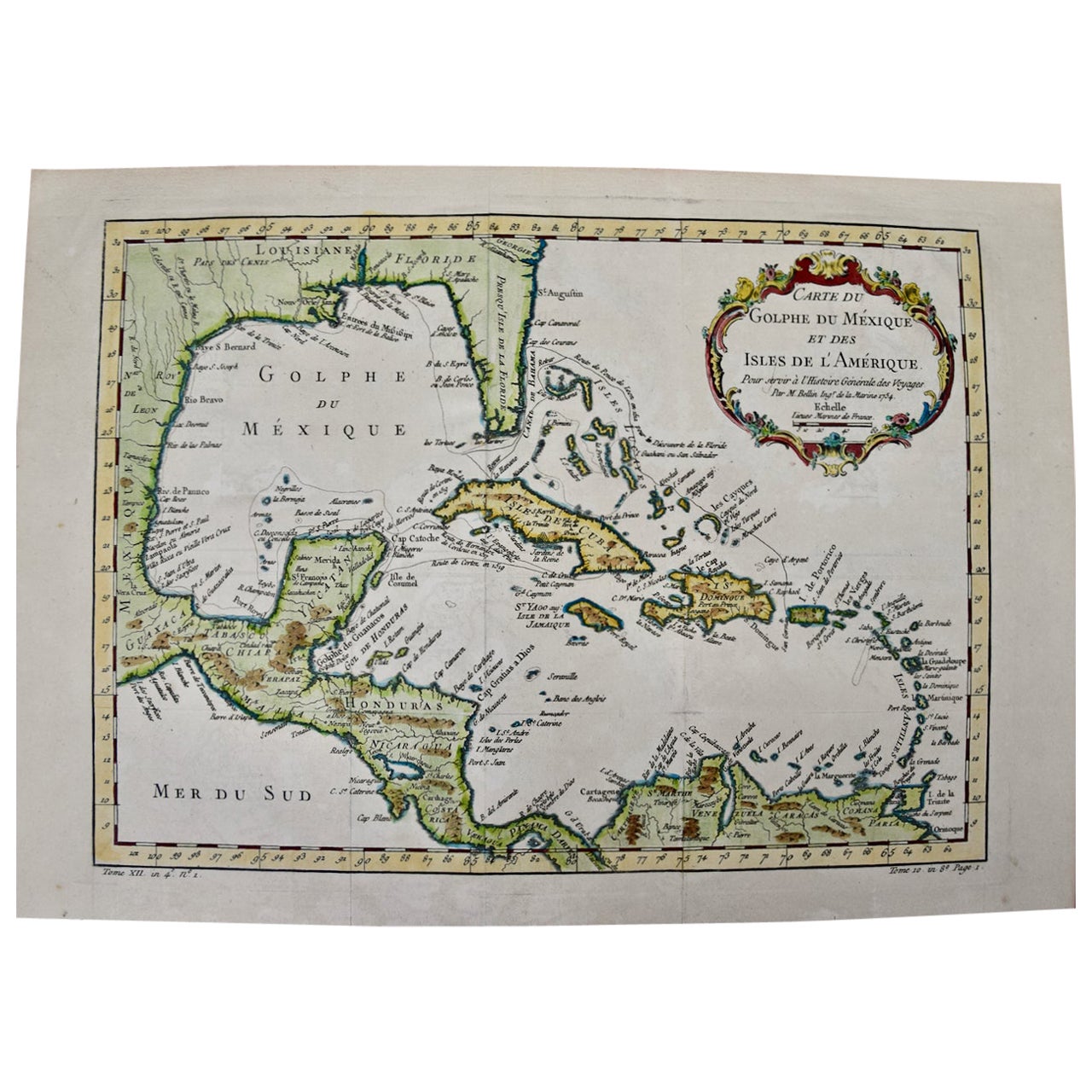 Gulf of Mexico, Florida, C. America, Cuba, etc.: 18th C. Hand-colored Bellin Map
