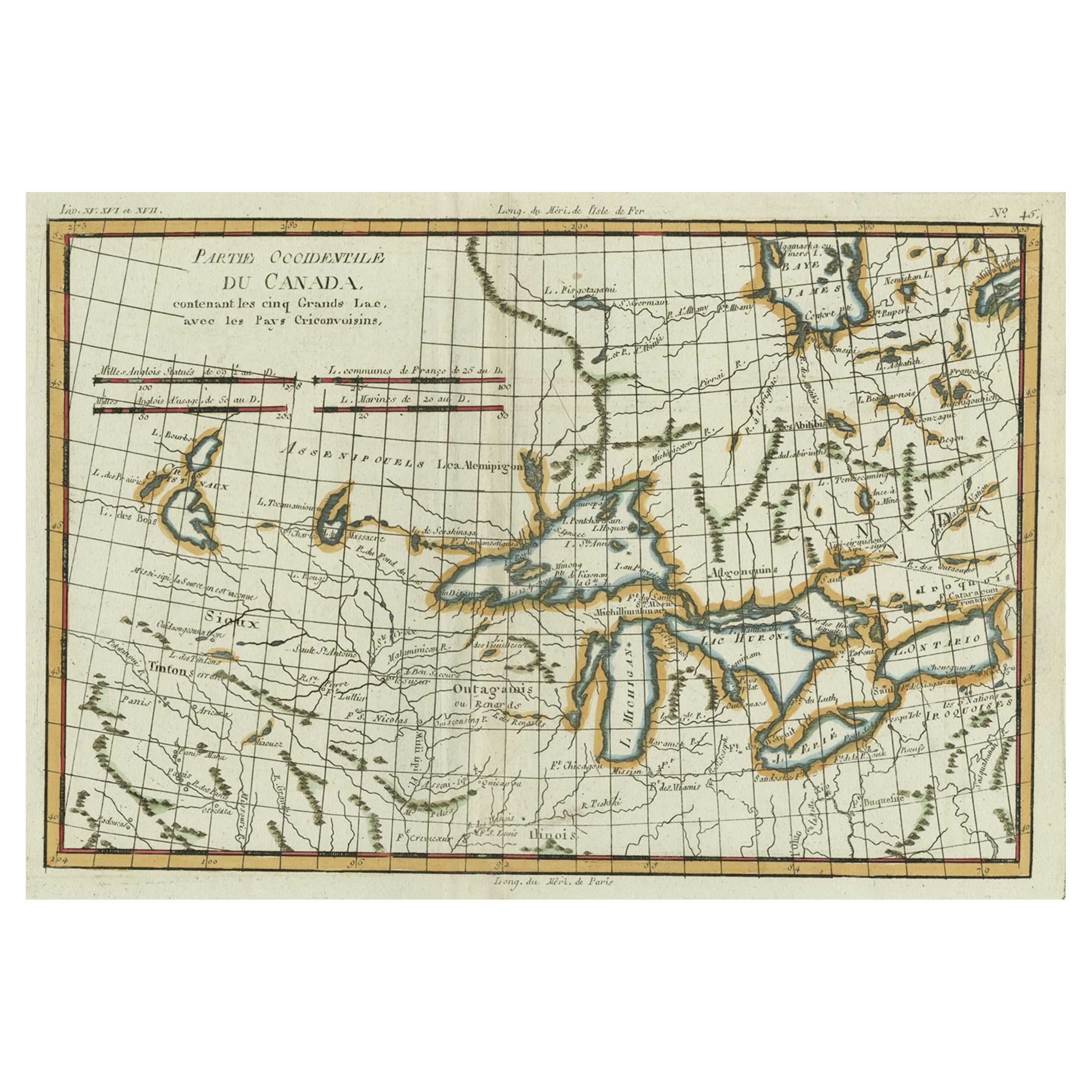 Old Map of the Great Lakes and Upper Mississippi Valley, Northern America, c1780 For Sale