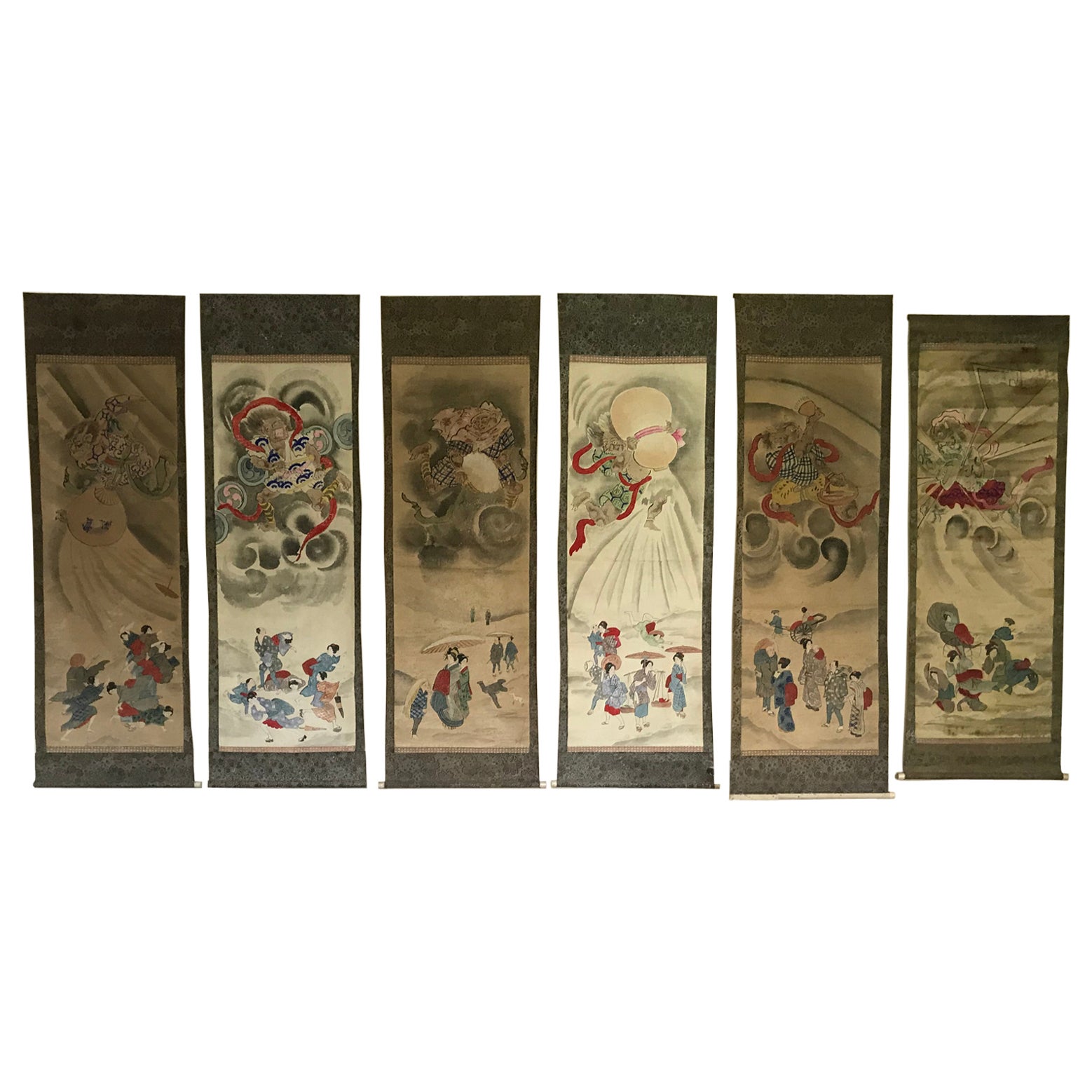 Set di 6 grandi Kakemono della mitologia giapponese, Giappone del XIX secolo, circa 1800