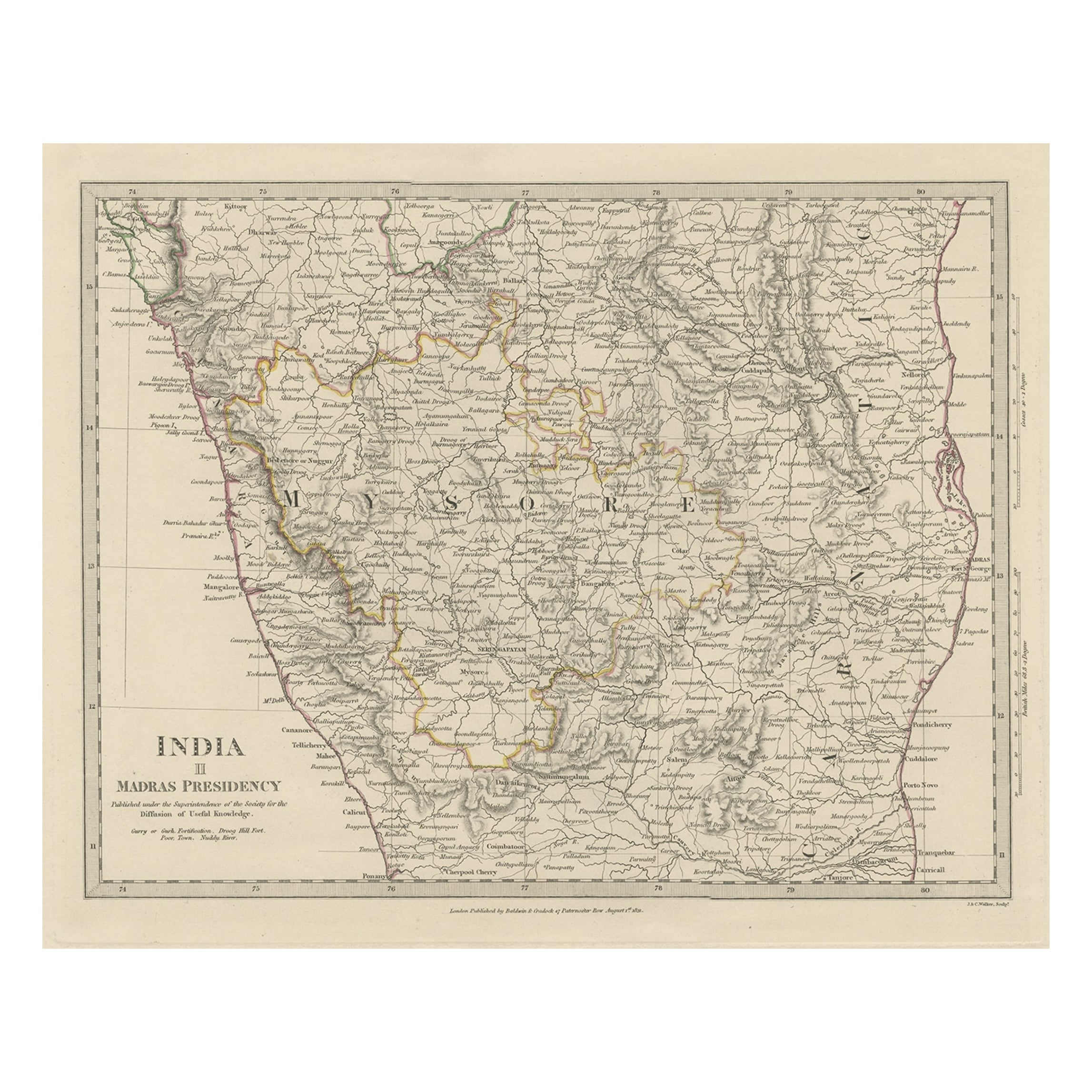 Old Steel Engraved Map of the Western Part of the Madras Presidency, 1831 For Sale