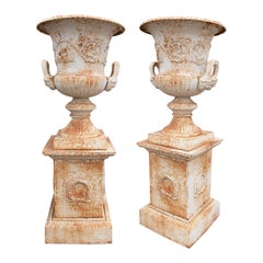 Pair of 1990s French Cast Iron Classical White Urn Planters w/ Bases