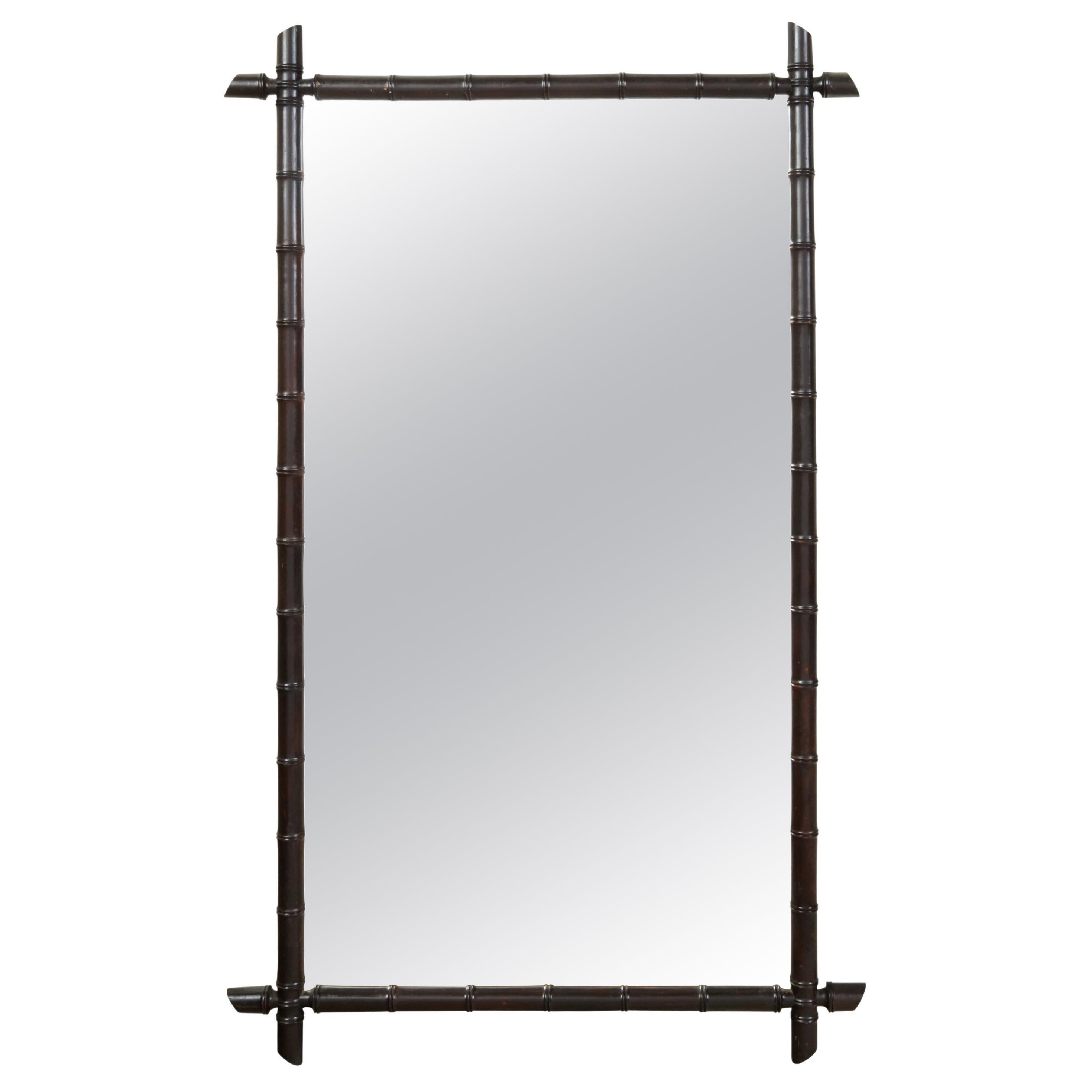 French Turn of the Century Rectangular Faux Bamboo Mirror with Black Patina For Sale