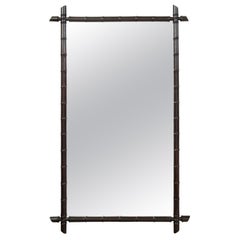 Antique French Turn of the Century Rectangular Faux Bamboo Mirror with Black Patina