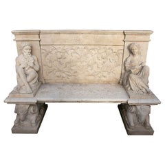 1990s Spanish Limestone Marble 2-Seater Renaissance Bench w/ Sculptures