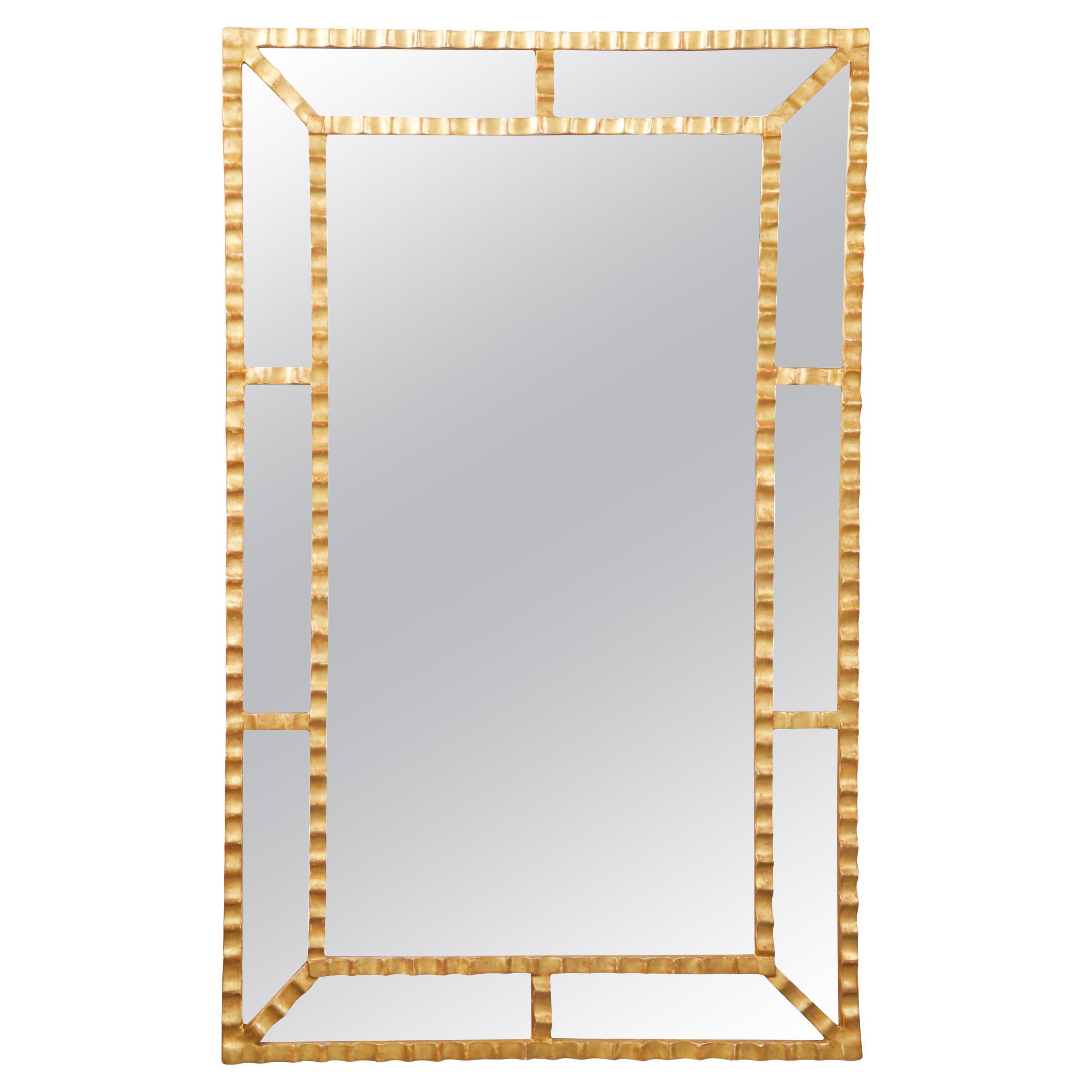 Italian Midcentury Gilt Metal Pareclose Mirror with Grooved Motifs For Sale