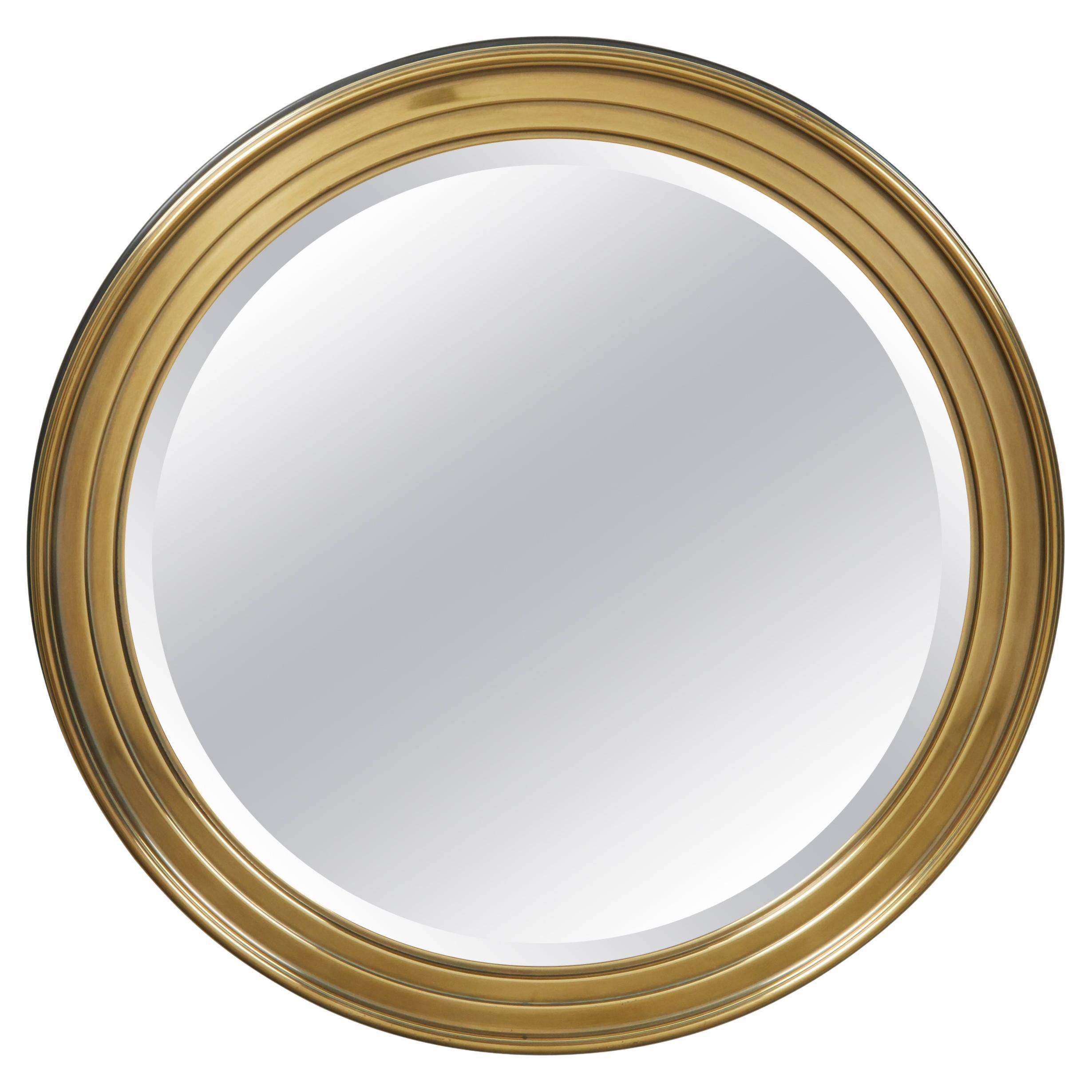 Midcentury Brass Circular Mirror with Stepped Frame and Beveled Edge For Sale