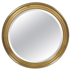 Retro Midcentury Brass Circular Mirror with Stepped Frame and Beveled Edge