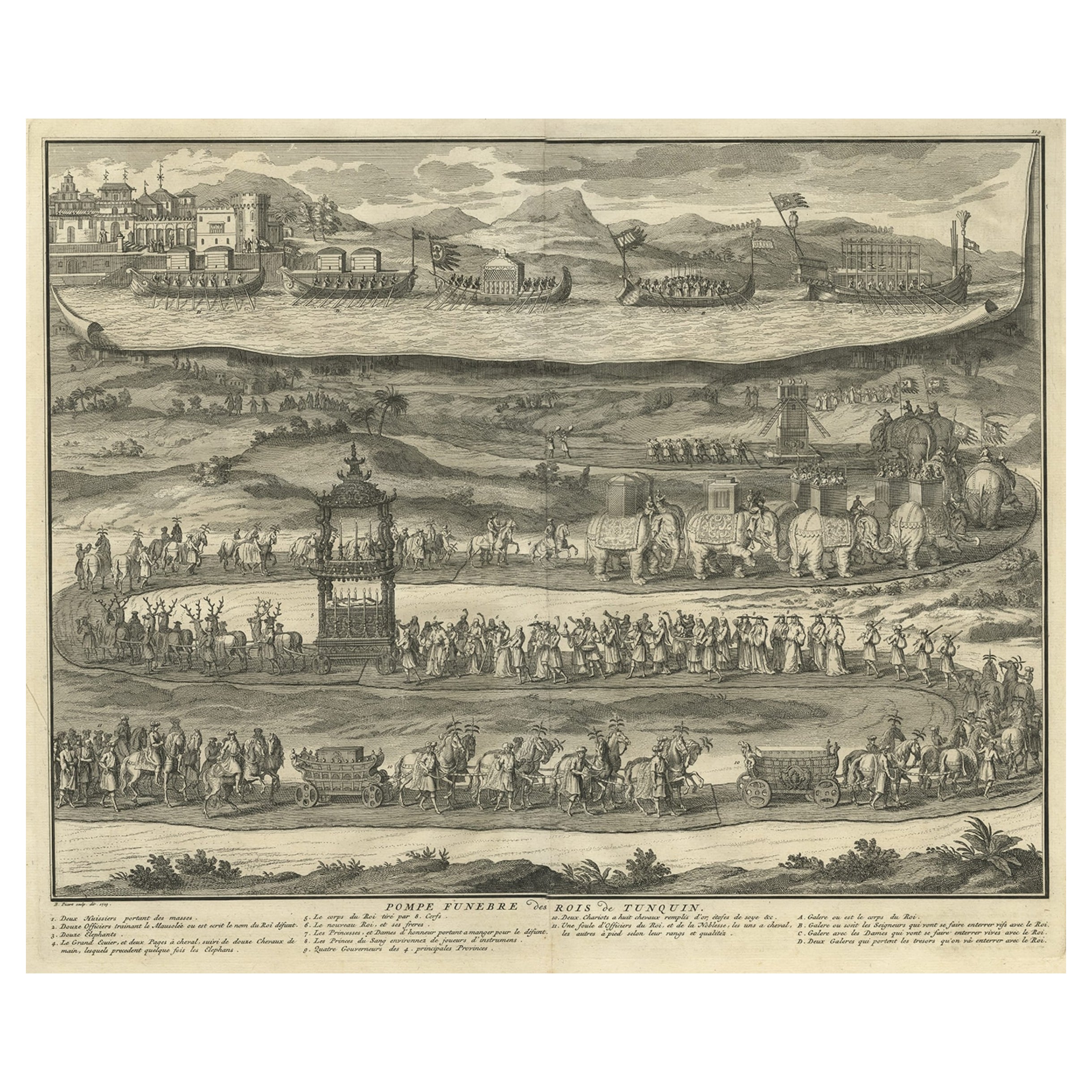 Antique Print of a Funeral Procession of the Kings of Vietnam or Tonkin, 1725 For Sale