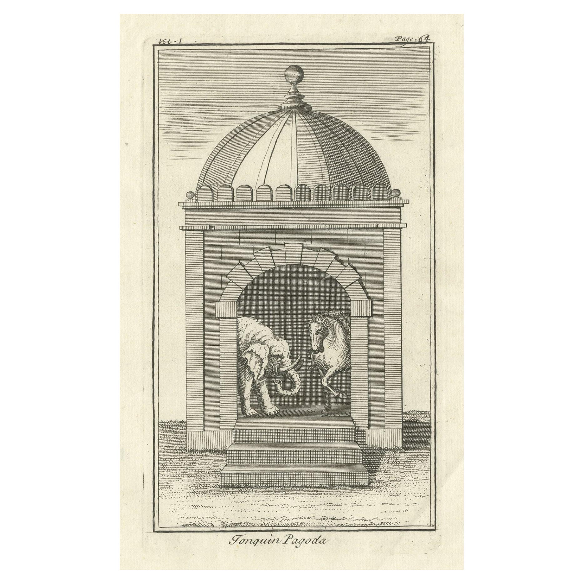 Antique Copper Engraved Print of a View of a Pagoda in Tonkin, Vietnam, 1739 For Sale