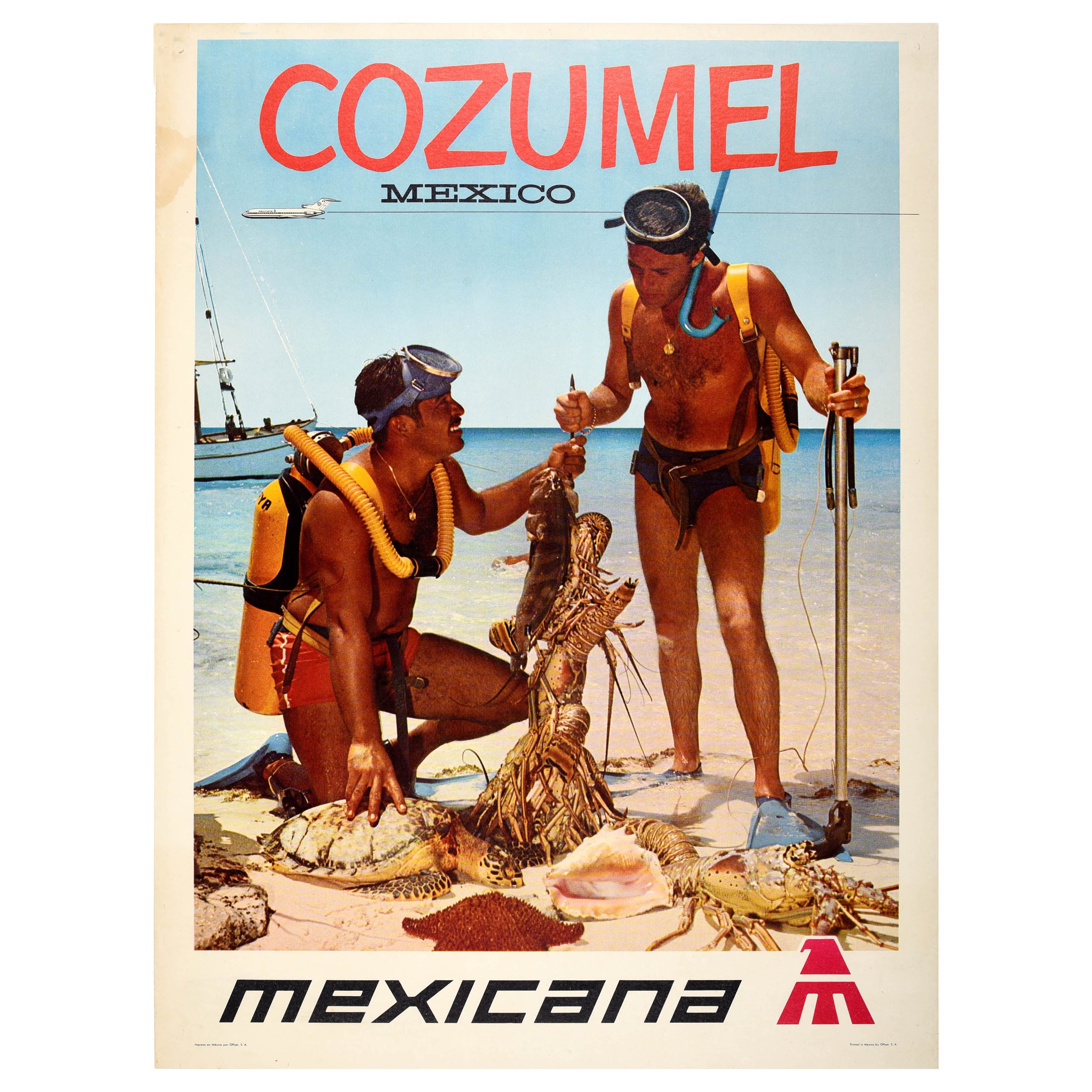 Original Vintage Air Travel Poster Cozumel Mexico Mexicana Scuba Diving Fishing