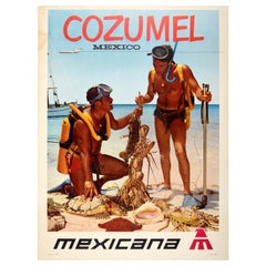Original Retro Air Travel Poster Cozumel Mexico Mexicana Scuba Diving Fishing