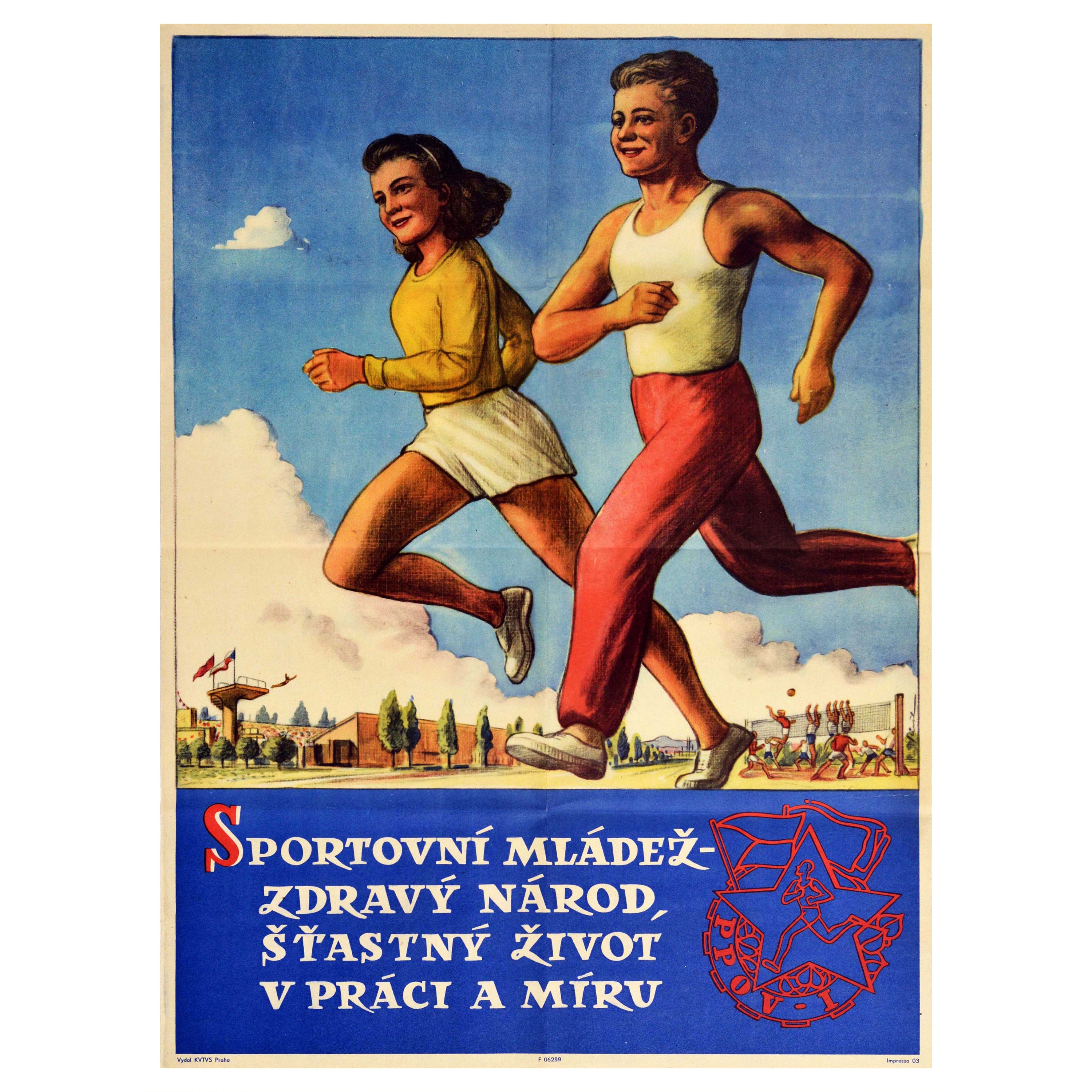 Affiche rétro originale pour les sports athlétiques et la santé, Volleyball, Running High Dive