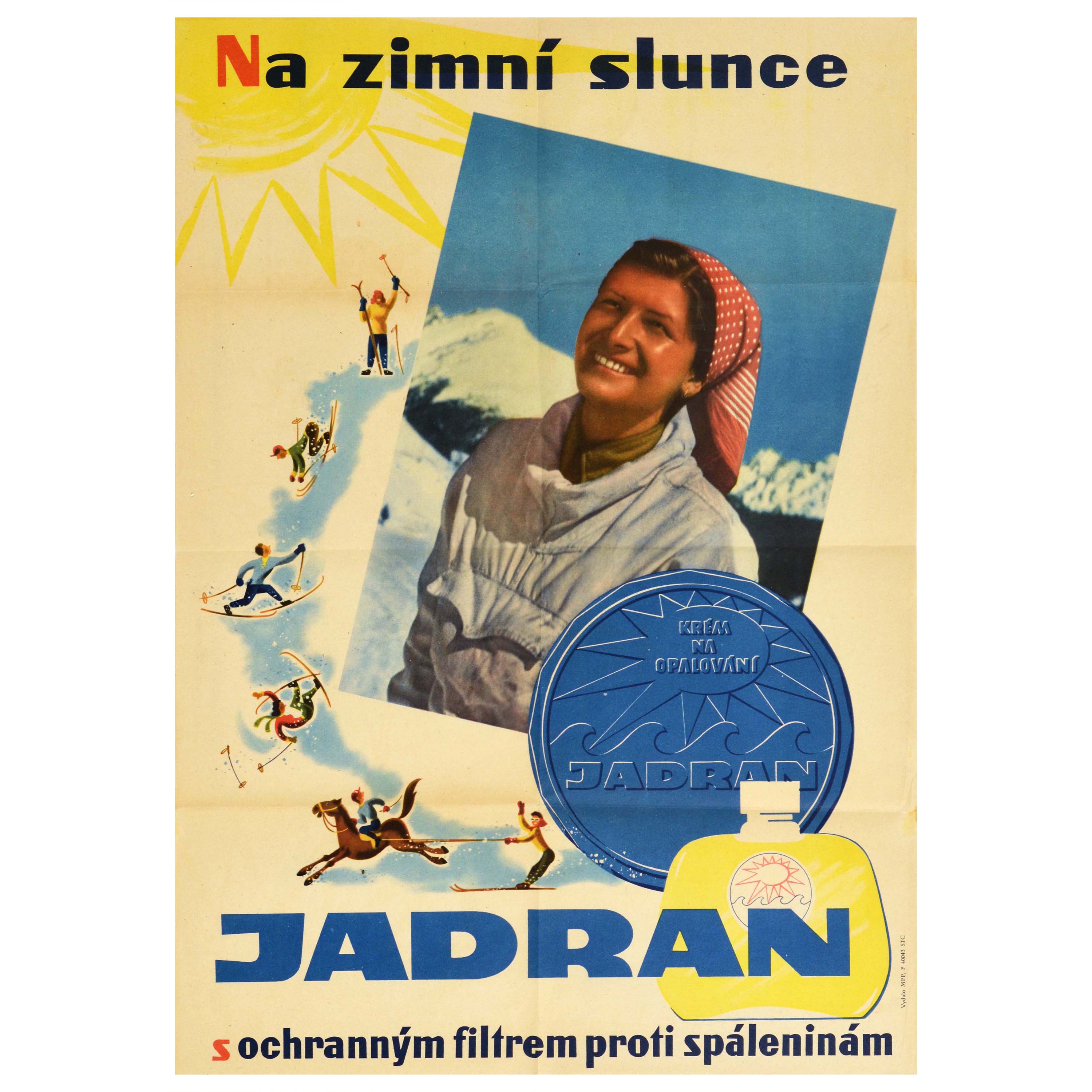 Affiche rétro originale Jadran Sunscreen, Éclairage de soleil d'hiver, Sports et chevaux, Illustration en vente