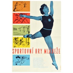 Original-Vintage-Poster, Jugendsportrennen, Skifahren, Schwimmen, Athletics, Radrennen