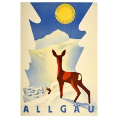 Original Vintage Poster Allgau Germany Alps Skiing Winter Sun Snow Mountain Deer