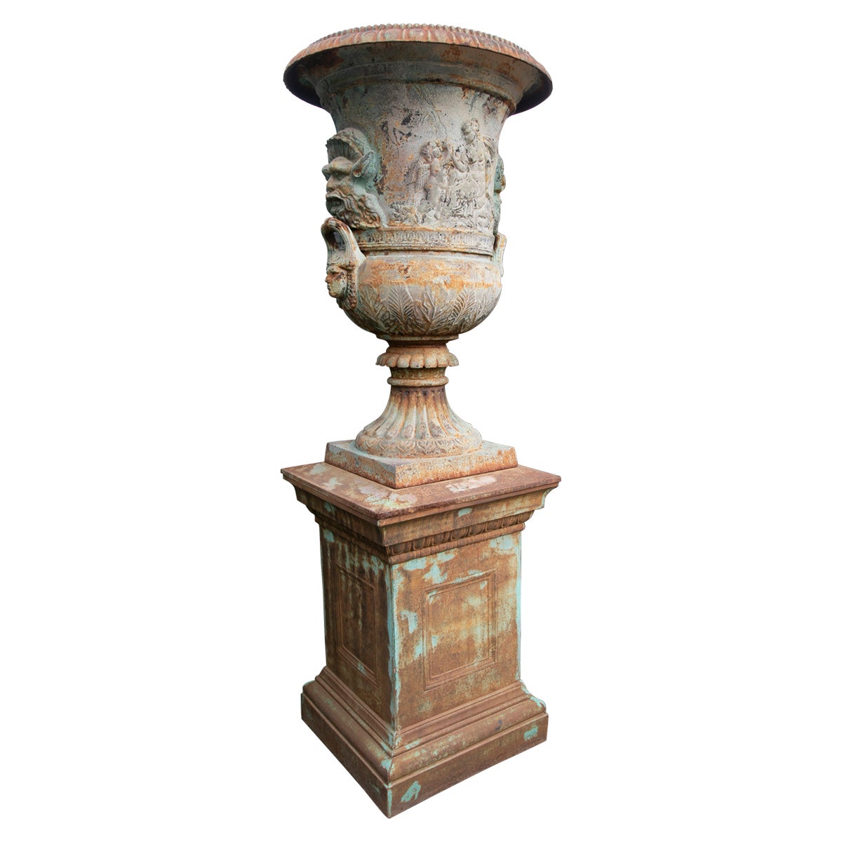 Large 1990s French Classical Style Cast Iron Garden Urn Planter w/ Base