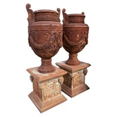Pair of Monumental 1990s Spanish Classical Cast Iron Urn Planters w/ Bases