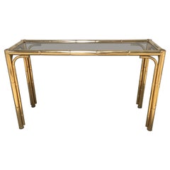 Mid-Century Modern Italian Gilt Faux Bamboo Console with Smoked Glass Top, 1970s