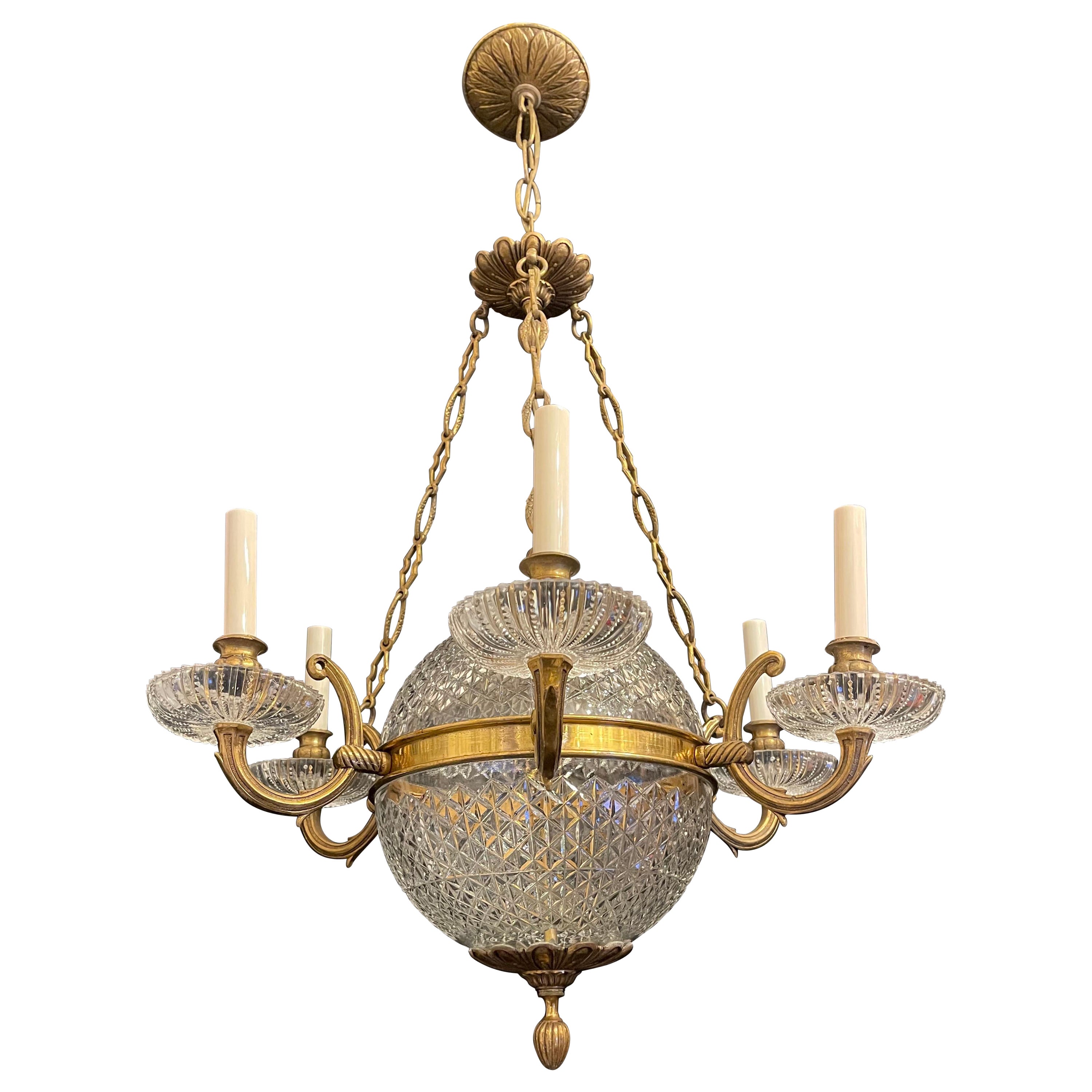 Wonderful French Bronze Crystal Neoclassical Empire Regency Orb Ball Chandelier