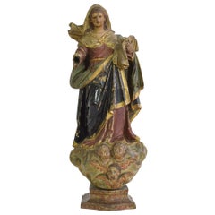 Antique Spanish 17/ 18th Century Painted Wooden Madonna / Santos