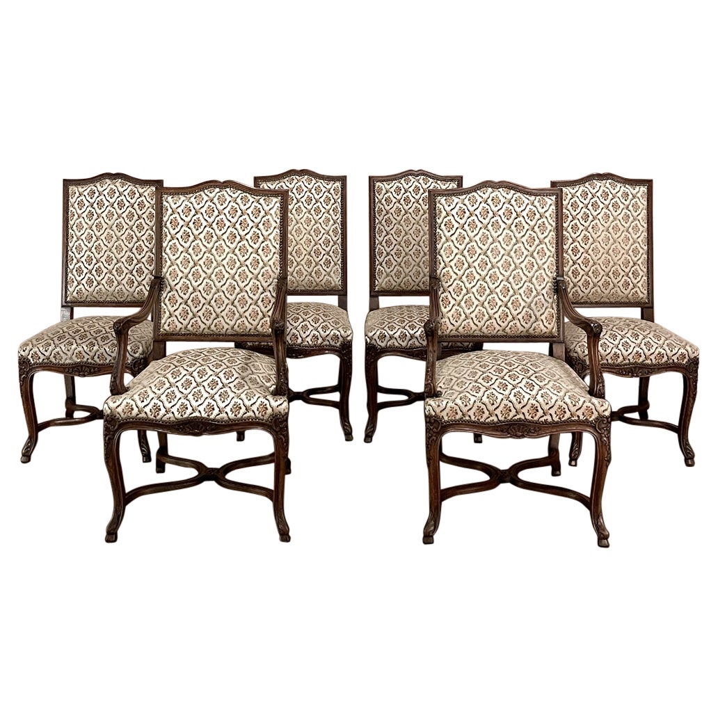 Set of 6 Antique French Regence Dining Chairs Includes 2 Armchairs For Sale