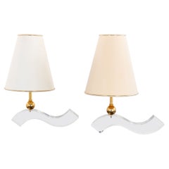 Sculptural Lucite and Brass Wavy Table Lamps