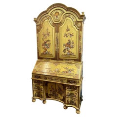 Antique 19th Century English Chinoiserie Decorated Yellow Secretary Cabinet