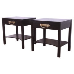 Henredon Mid-Century Hollywood Regency Black Lacquered Nightstands, Refinished