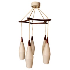 Danish Modern Teak and Opaline Chandelier